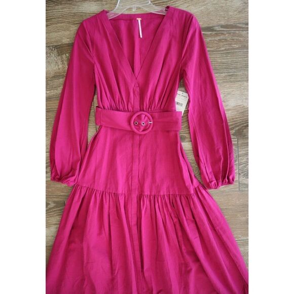 Free People OB1101164 Women's Sz XS Myrtle Magenta Kendra Belted Dress - Picture 10 of 12